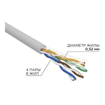 Кабель витая пара U/UTP, CAT 5e, PVC, 4х2х0,52 мм, 24AWG, INDOOR, SOLID, серый, PRO (02-0005)