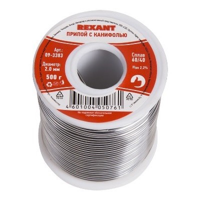 Припой с канифолью, 500г, Ø2мм, (олово 60%, свинец 40%), катушка (09-3383)
